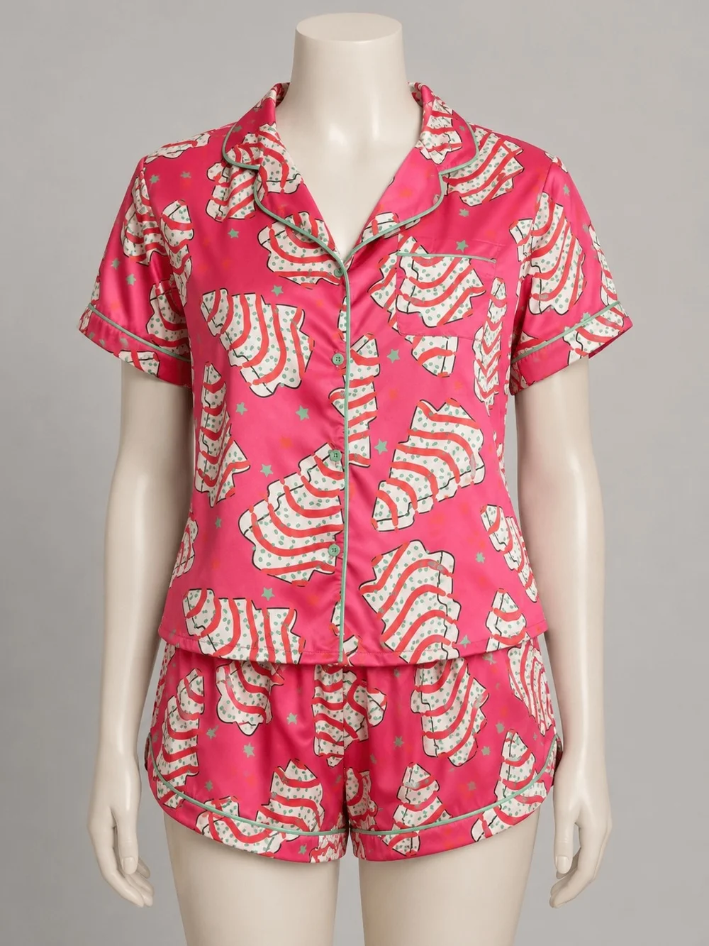 Women's Bright Pink Short Pajama Set Featuring Christmas Tree Cakes